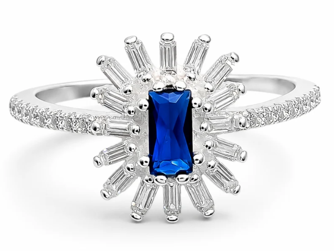 Anillo Flor Azul Zirconia Plata Ley 925
