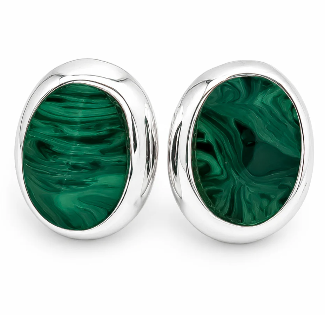 Arete Ovalo Malaquita Plata Ley 925